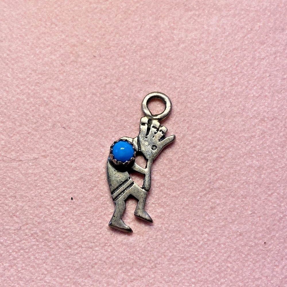 Vintage 925 Sterling Silver Turquoise Kokopelli Pendant Charm Dainty Southwest